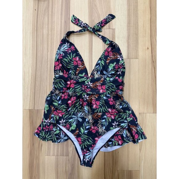 Womens Navy Hibiscus Print Halter Swim Set 2XL With Ruffle Detail & Tie Neck NEW - Picture 1 of 5